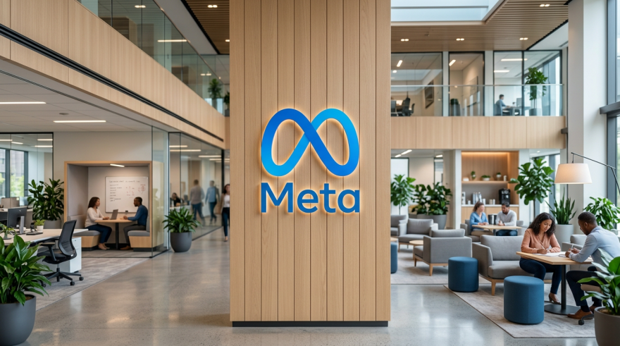 Illuminated Meta logo mounted on a wood-paneled office wall